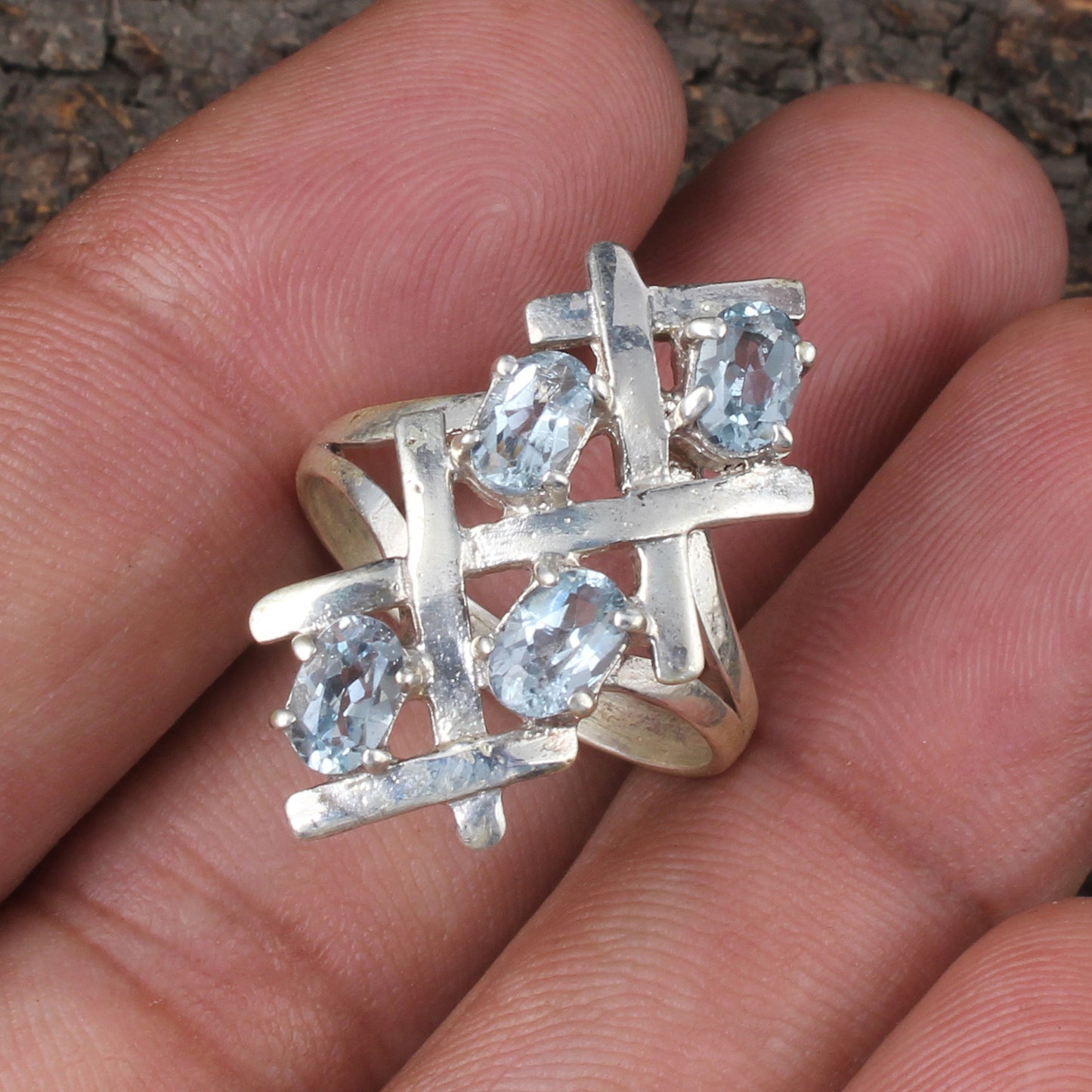 Contemporary Blue Topaz Cluster Ring in 925 Sterling Silver Handmade December Birthstone Jewelry