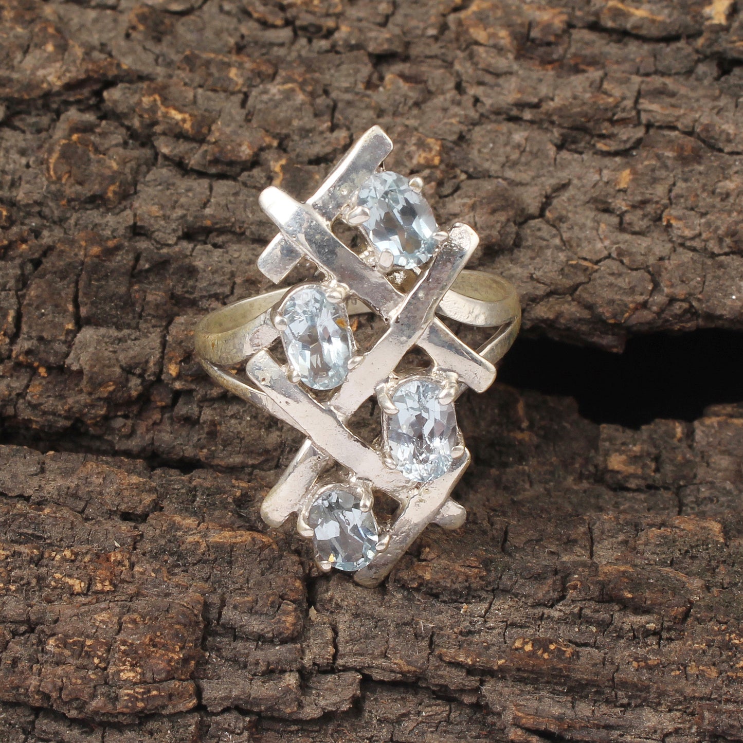 Contemporary Blue Topaz Cluster Ring in 925 Sterling Silver Handmade December Birthstone Jewelry