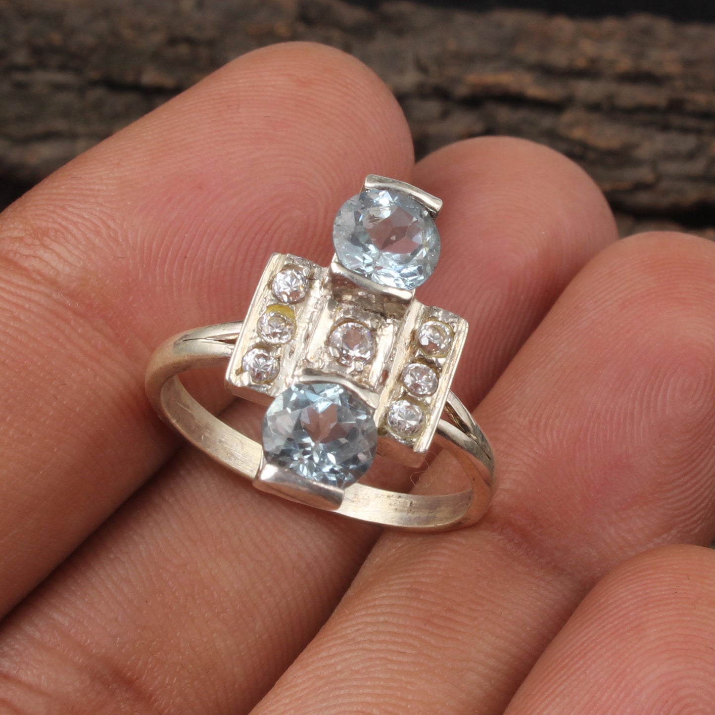 Modern Geometric Blue Topaz Cluster Ring Handmade CZ 925 Sterling Silver December Birthstone Ring