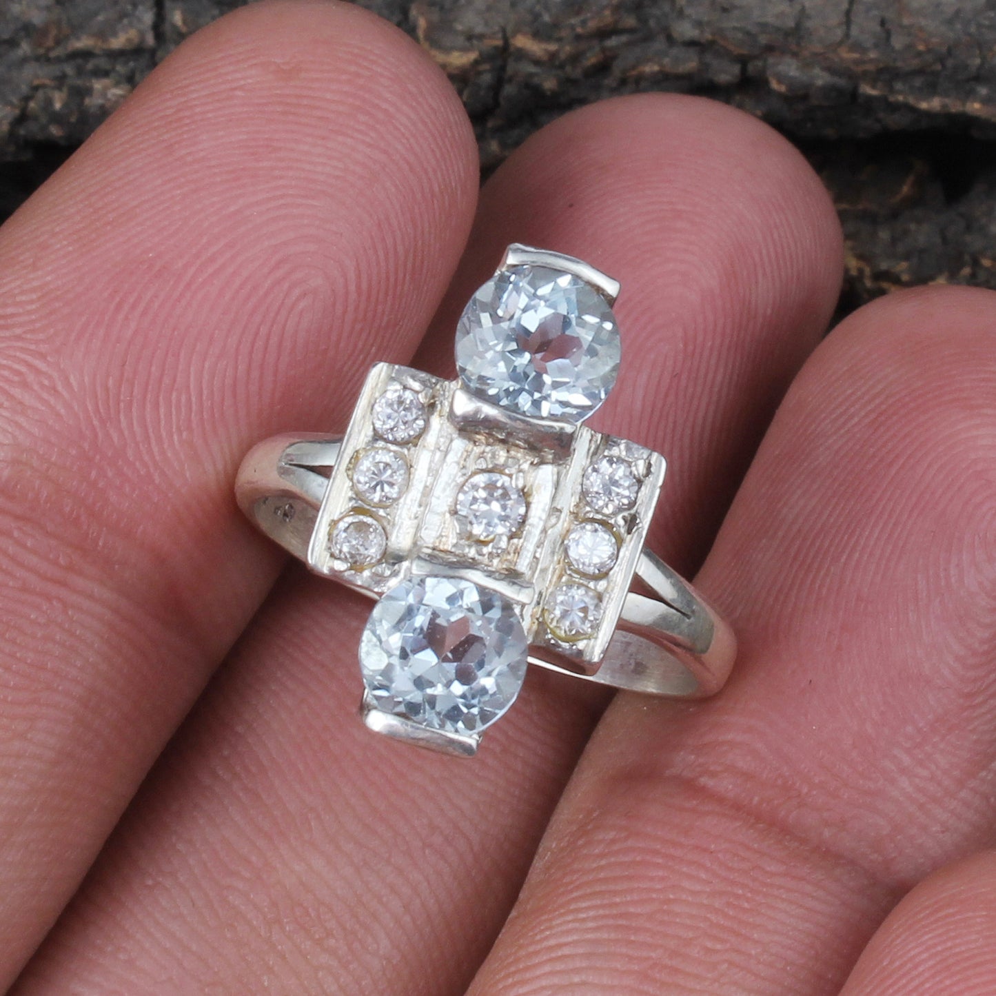 Modern Geometric Blue Topaz Cluster Ring Handmade CZ 925 Sterling Silver December Birthstone Ring