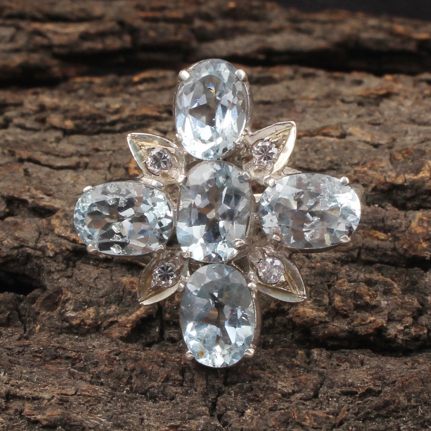 Floral Blue Topaz Ring with CZ Handmade 925 Sterling Silver Designer Cluster Ring December Birthstone