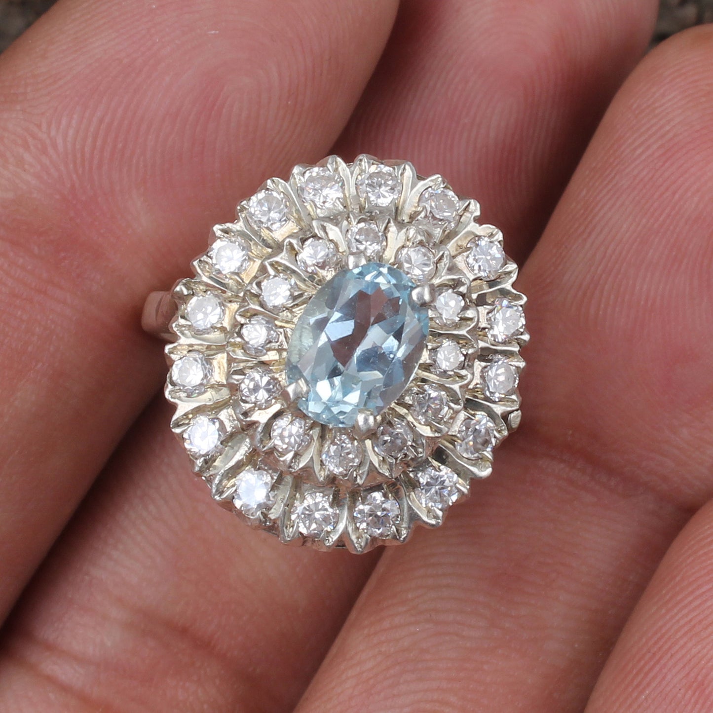 Blue Topaz Cluster Ring with CZ Handmade 925 Sterling Silver Ring For Wedding Anniversary