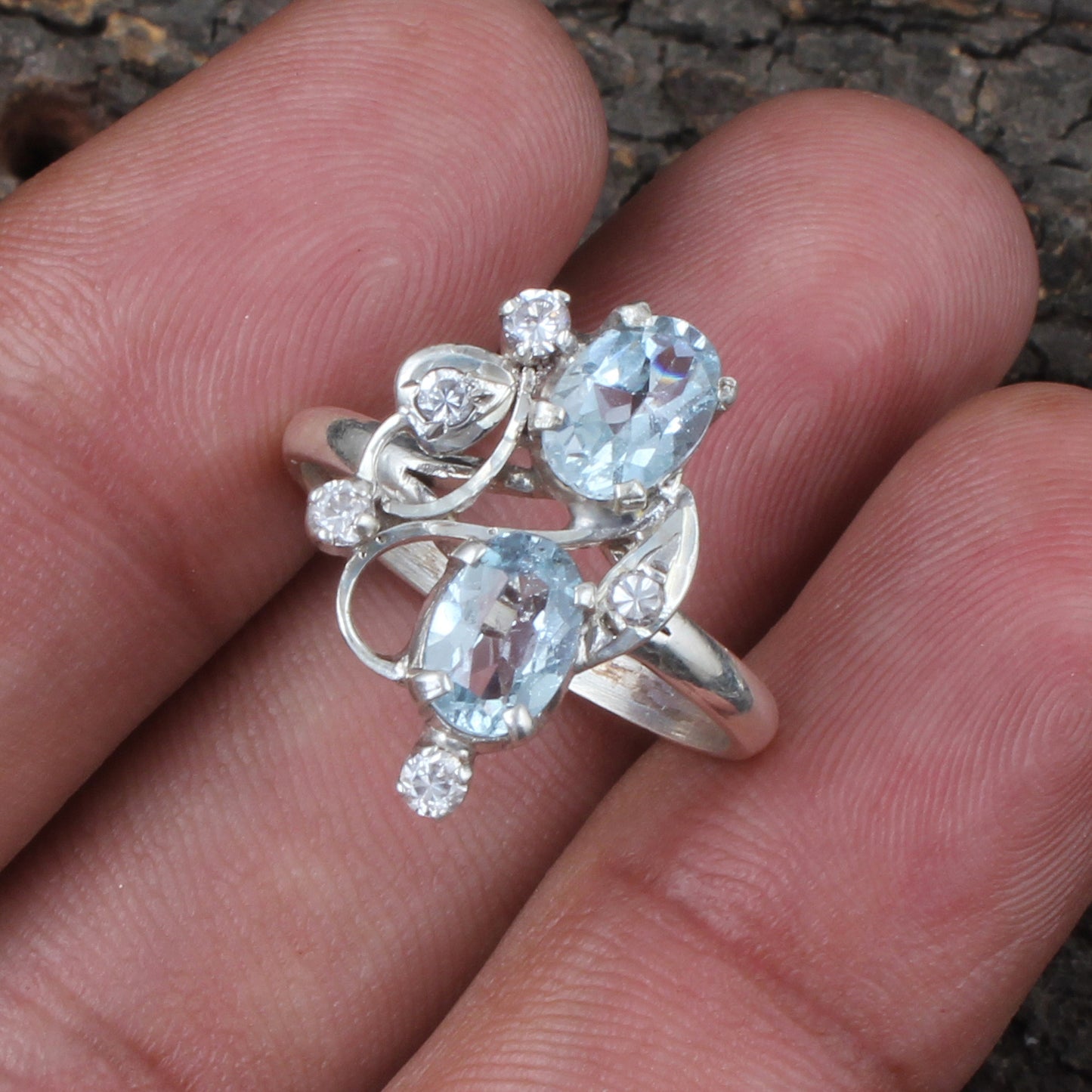 Natural Blue Topaz Ring Handmade Prong Setting CZ Designer Prong Setting December Birthstone Ring