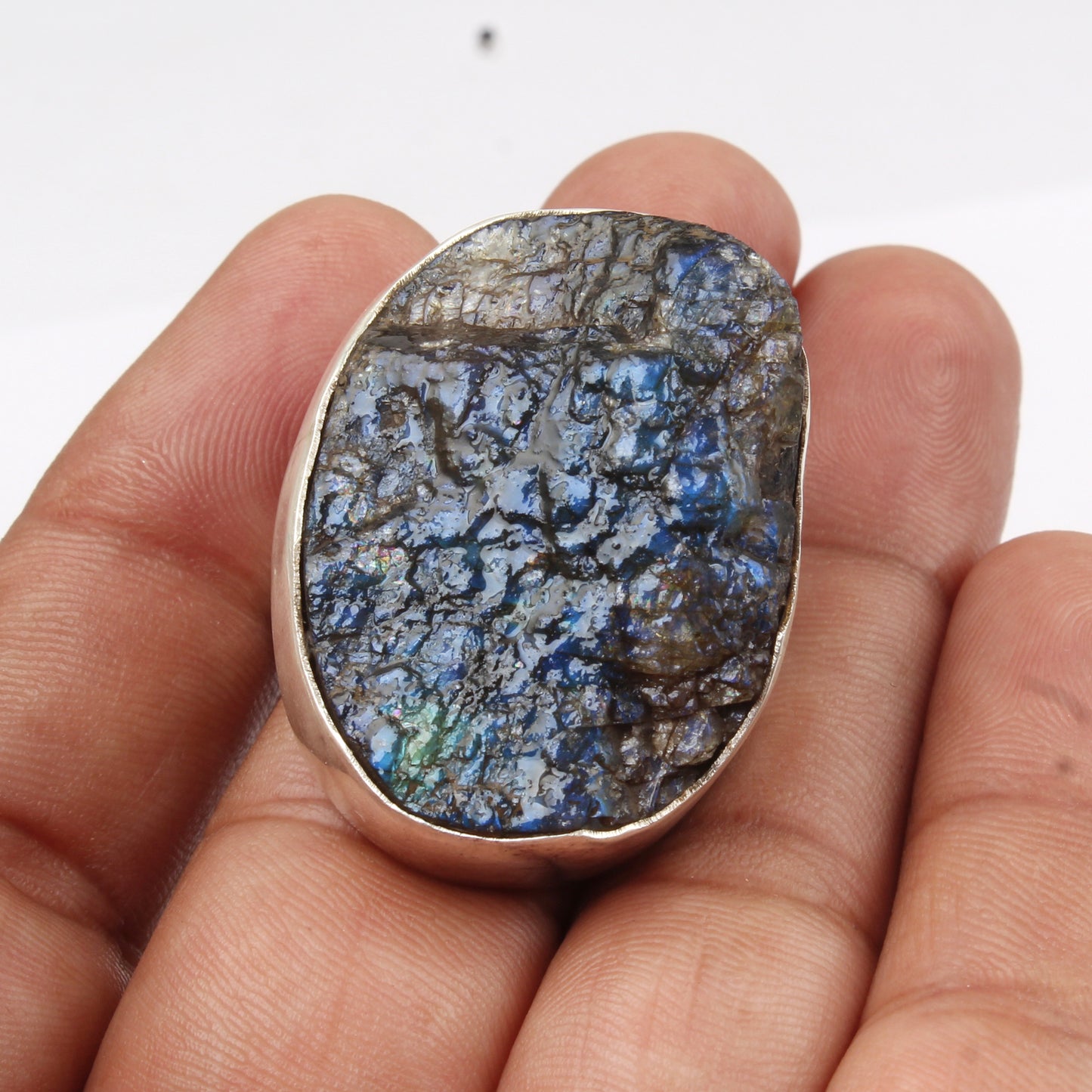 Heavy Rough Labradorite Ring Handmade 925 Sterling Silver Natural Gemstone Ring Raw Stone Jewelry