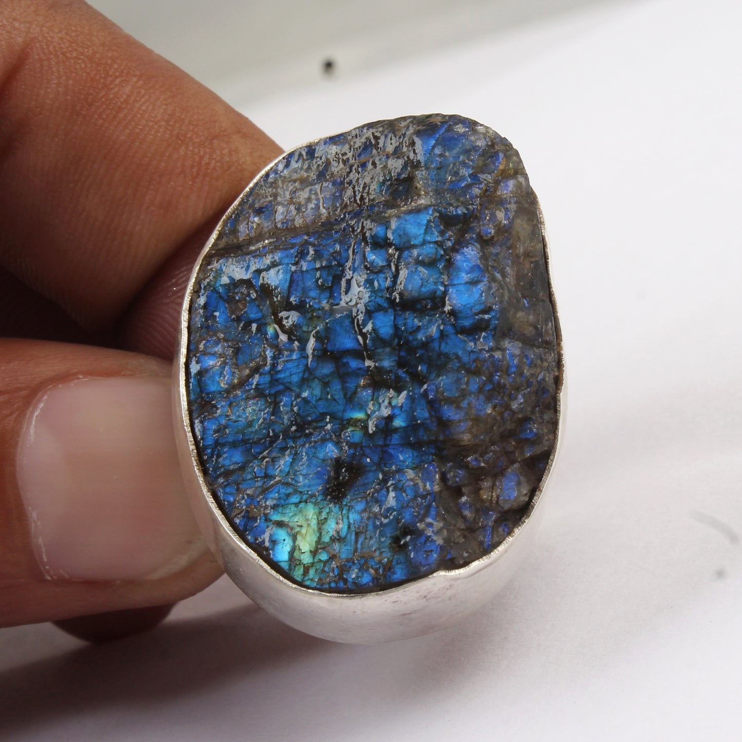 Heavy Rough Labradorite Ring Handmade 925 Sterling Silver Natural Gemstone Ring Raw Stone Jewelry