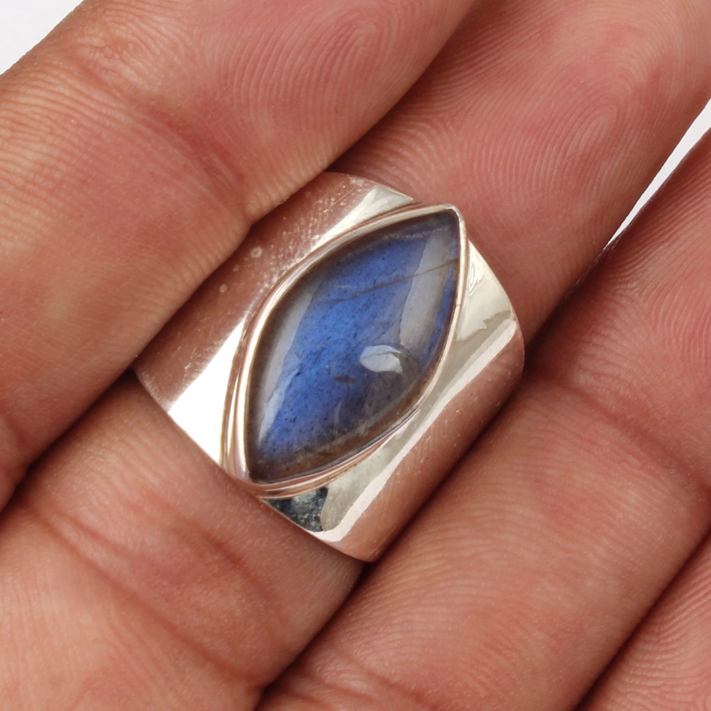 Bold Marquise Labradorite Statement Ring Wide 925 Sterling Silver Band with Iridescent Blue Gemstone Boho Chic Ring