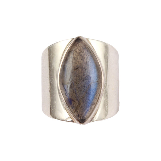 Bold Marquise Labradorite Statement Ring Wide 925 Sterling Silver Band with Iridescent Blue Gemstone Boho Chic Ring