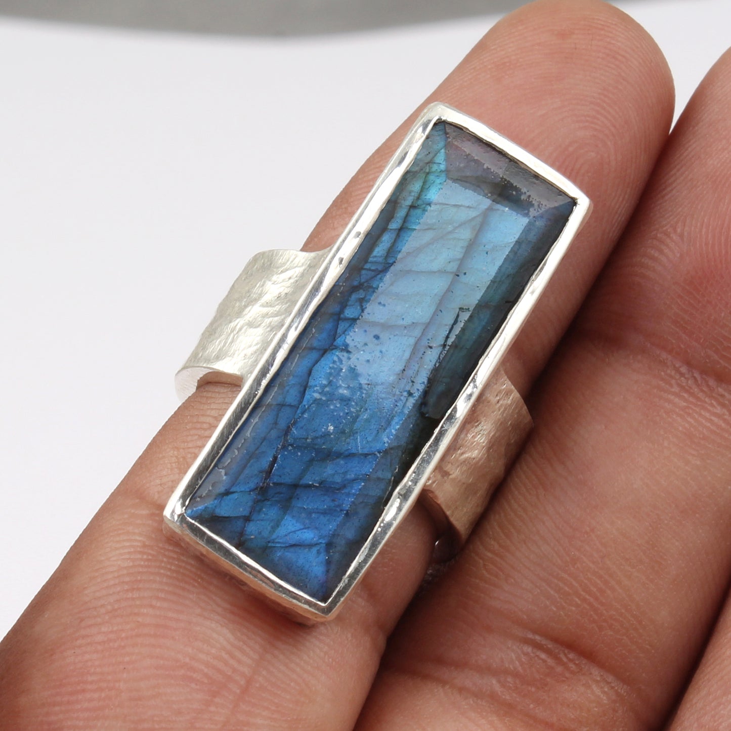 Textured Band Labradorite Ring Handmade 925 Sterling Silver Natural Gemstone Heavy Ring