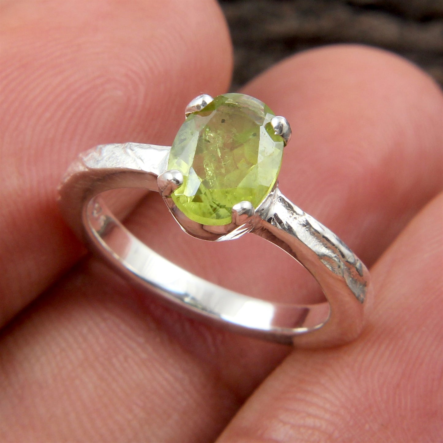Peridot 925 Sterling Silver Handmade Prong Setting Ring August Birthstone Textured Band Ring