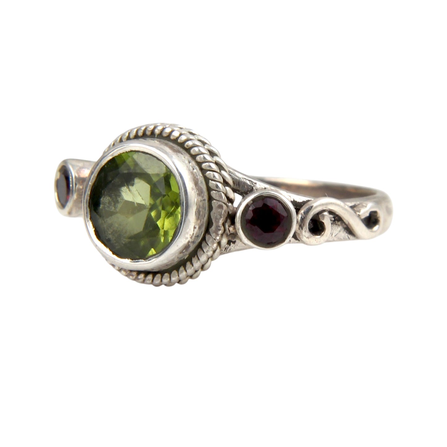 Natural Peridot Ring with Red Garnet Handmade Designer 925 Sterling Silver Designer Statement Ring