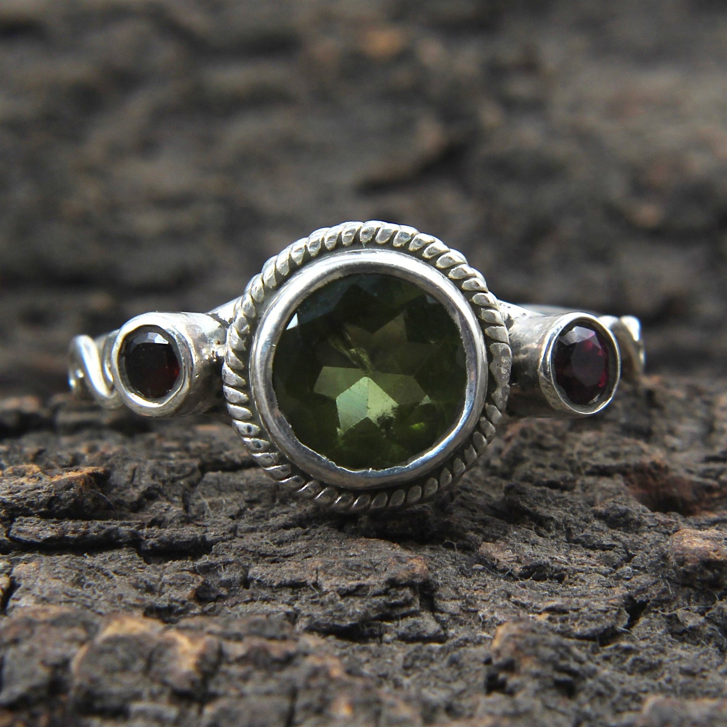 Natural Peridot Ring with Red Garnet Handmade Designer 925 Sterling Silver Designer Statement Ring