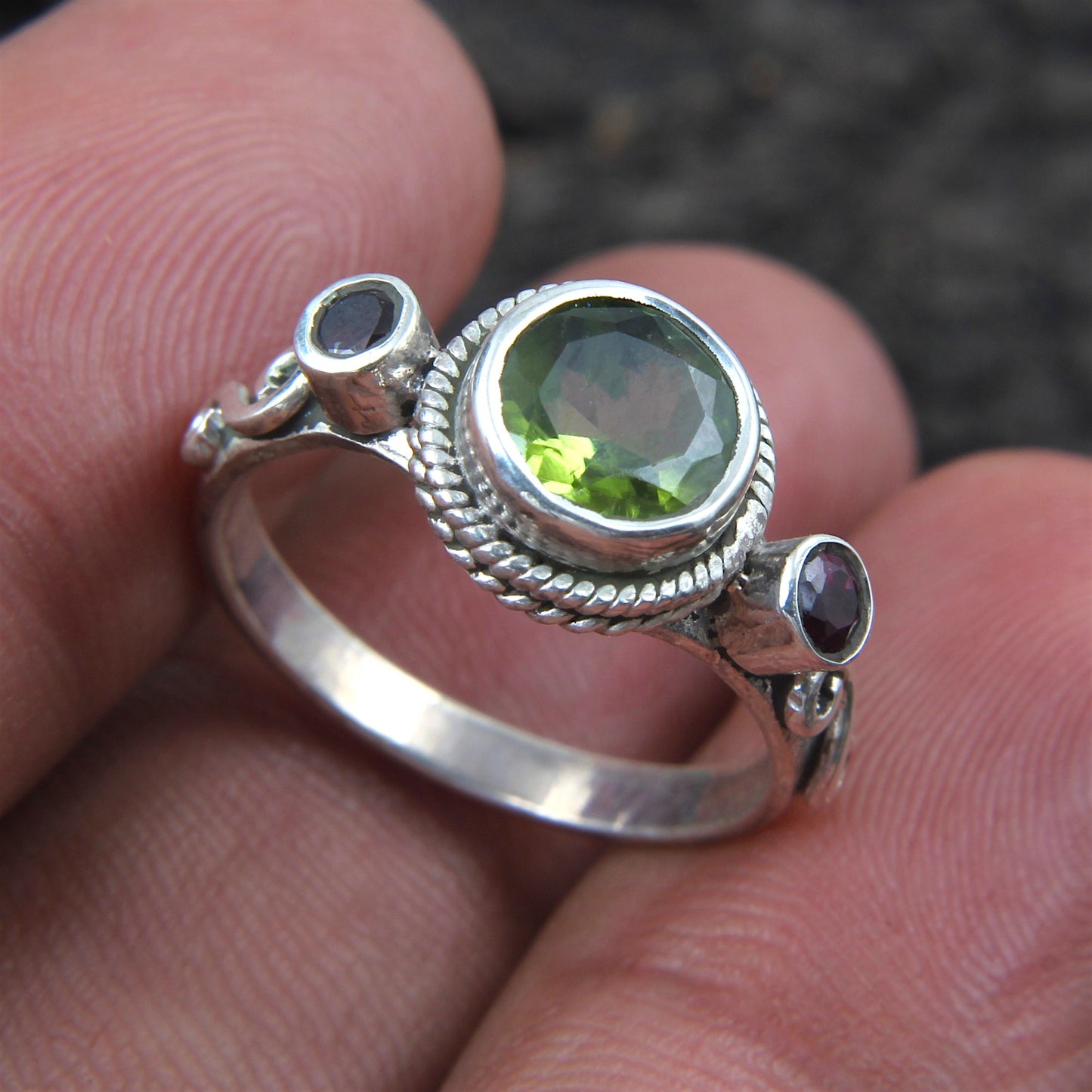 Natural Peridot Ring with Red Garnet Handmade Designer 925 Sterling Silver Designer Statement Ring