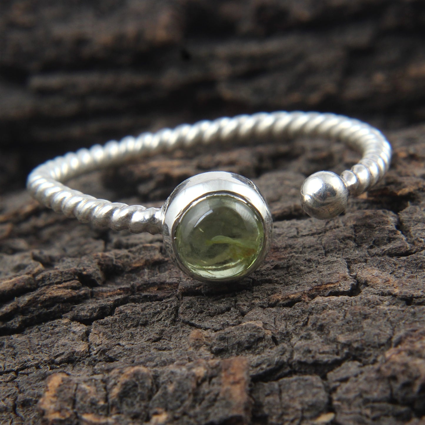 Natural Peridot 925 Sterling Silver Ring August Birthstone Ring Adjustable Twisted Wire Band Ring