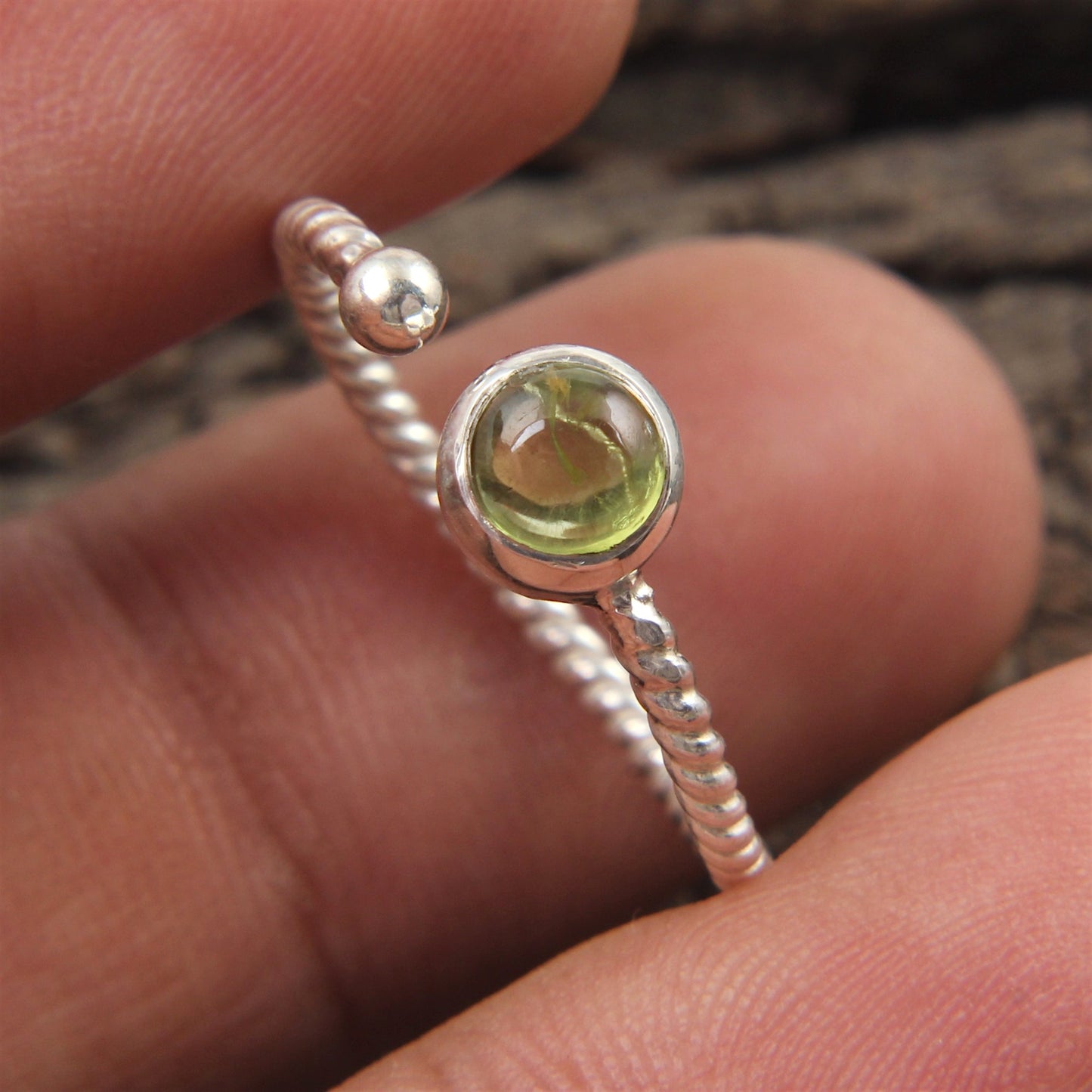 Natural Peridot 925 Sterling Silver Ring August Birthstone Ring Adjustable Twisted Wire Band Ring
