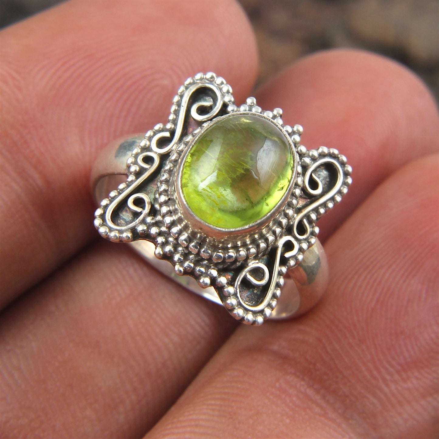 Bohemian Peridot Ring 925 Sterling Silver Handmade Natural Gemstone Ring
