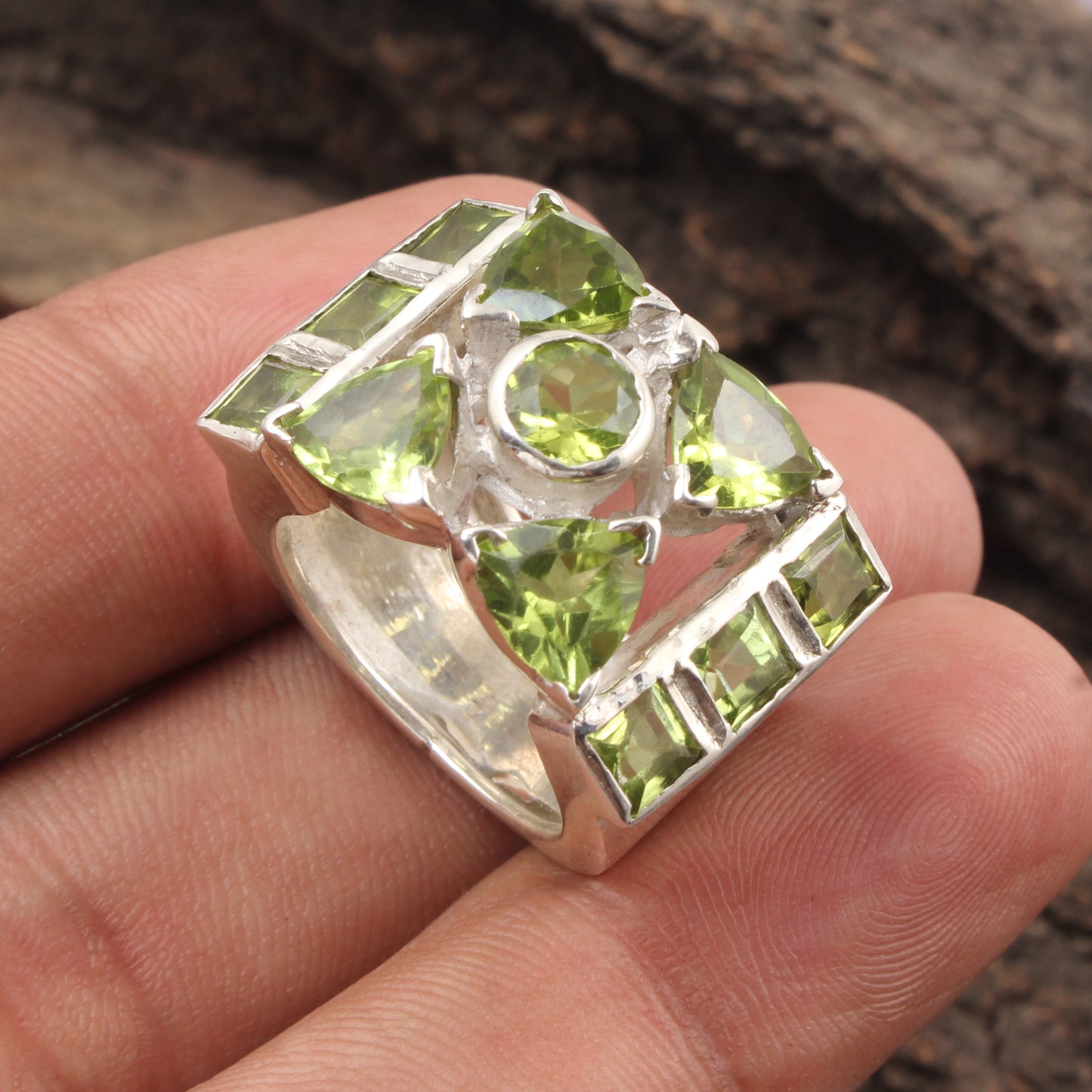 Cocktail Peridot Ring Heavy 925 Sterling Silver Handmade Natural Gemstone Ring August Birthstone Ring