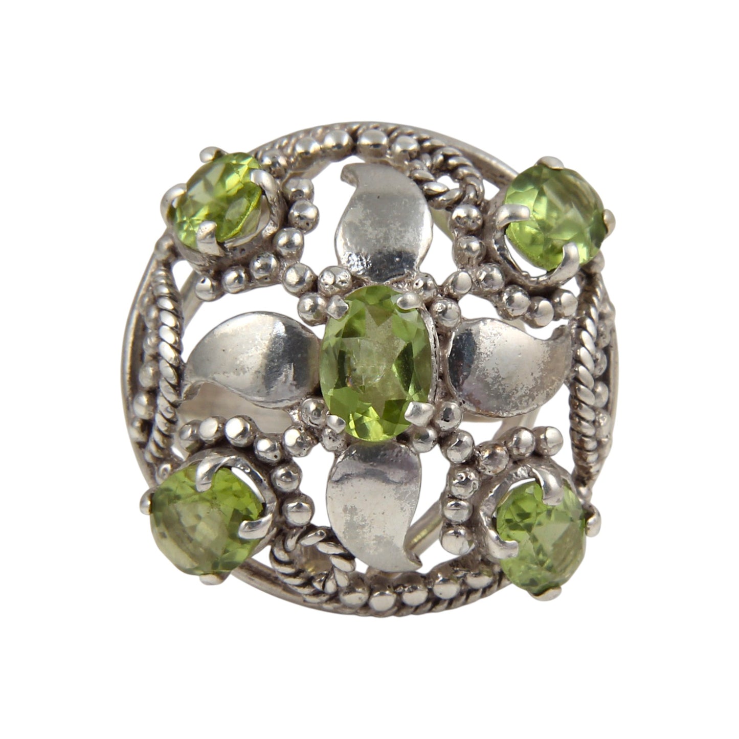 Boho Designer Peridot Ring Handmade 925 Sterling Silver Twisted Wire Faceted Gemstone Floral Ring