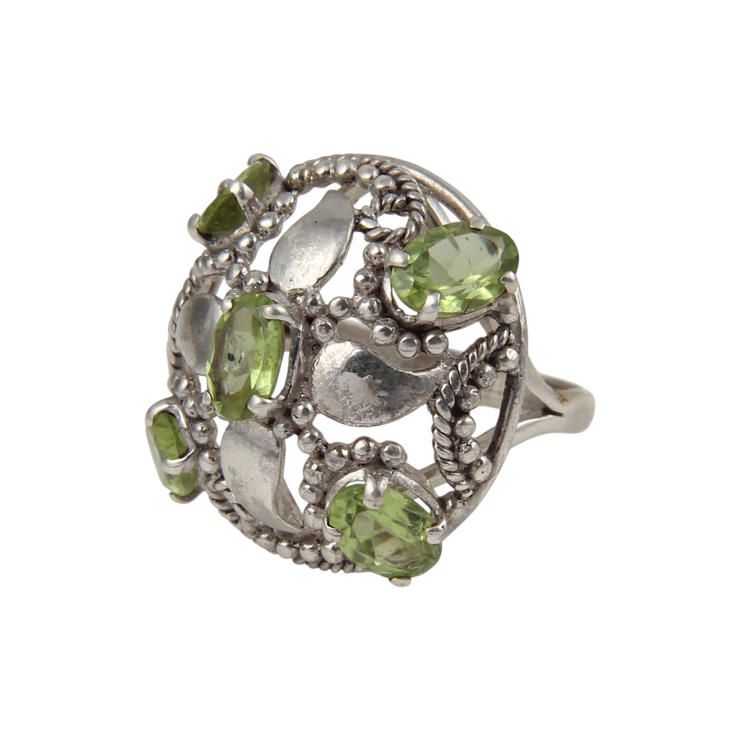 Boho Designer Peridot Ring Handmade 925 Sterling Silver Twisted Wire Faceted Gemstone Floral Ring