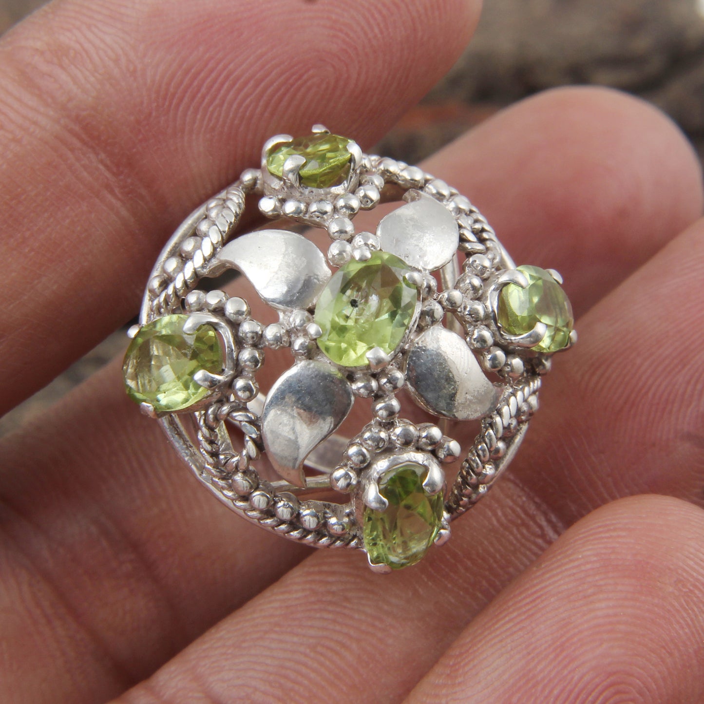 Boho Designer Peridot Ring Handmade 925 Sterling Silver Twisted Wire Faceted Gemstone Floral Ring