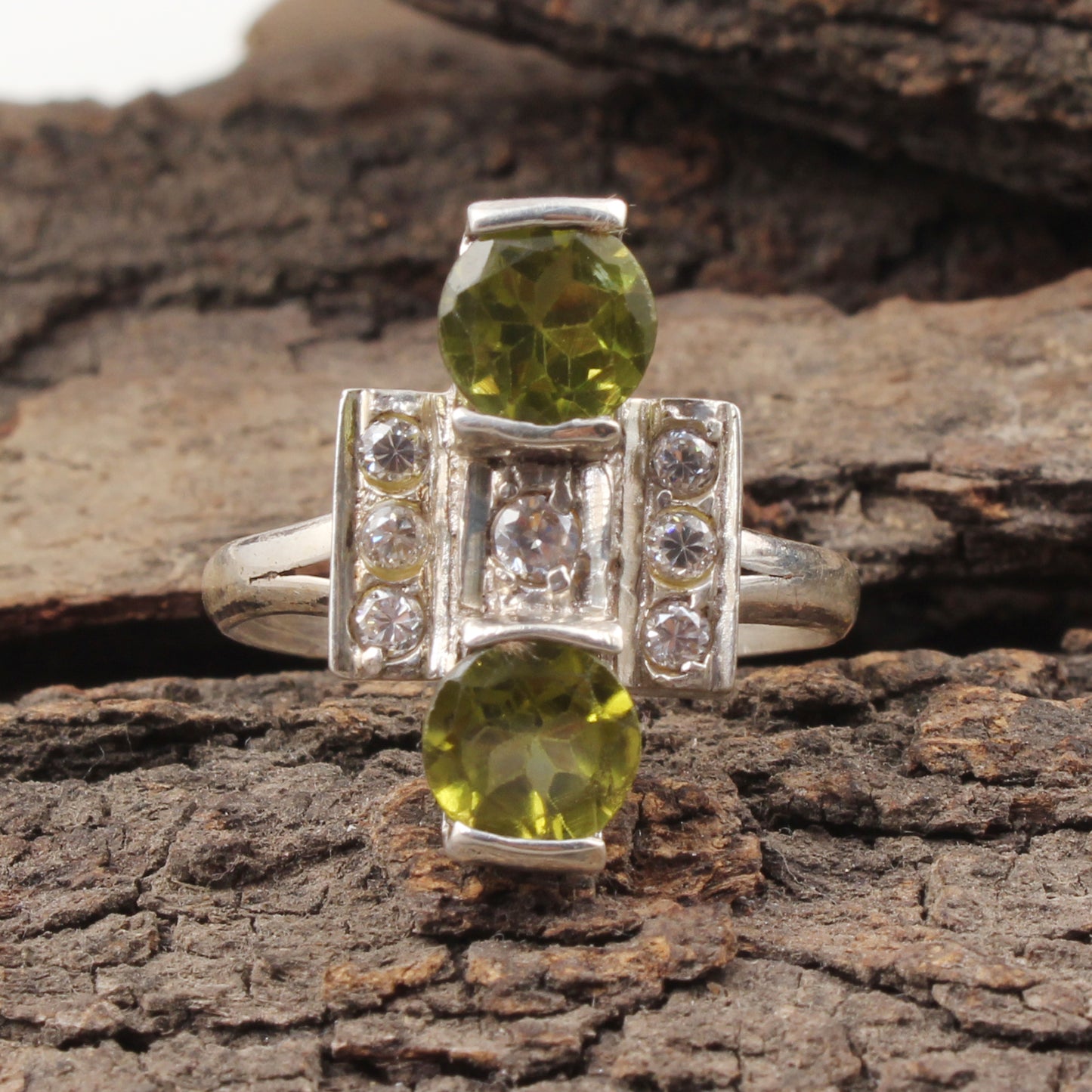 Vintage Style Cocktail Ring Natural Peridot Ring with CZ Studded Handmade 925 Sterling Silver Ring Jewelry