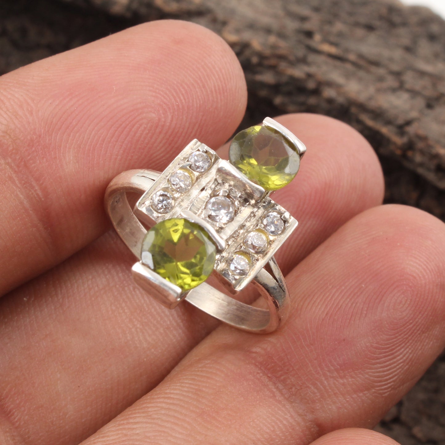 Vintage Style Cocktail Ring Natural Peridot Ring with CZ Studded Handmade 925 Sterling Silver Ring Jewelry