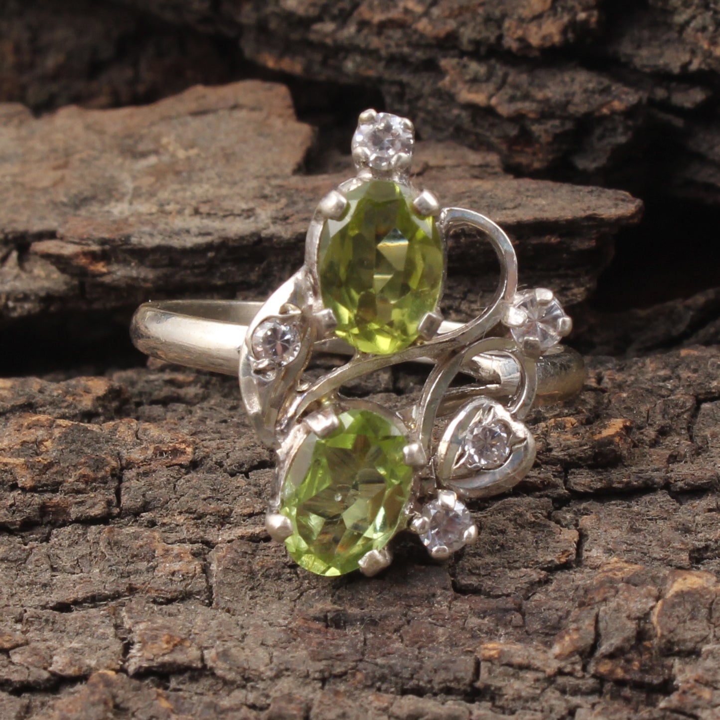 Designer Peridot Ring wih CZ Handmade 925 Sterling Silver Twisted Design Faceted Gemstone Floral Ring