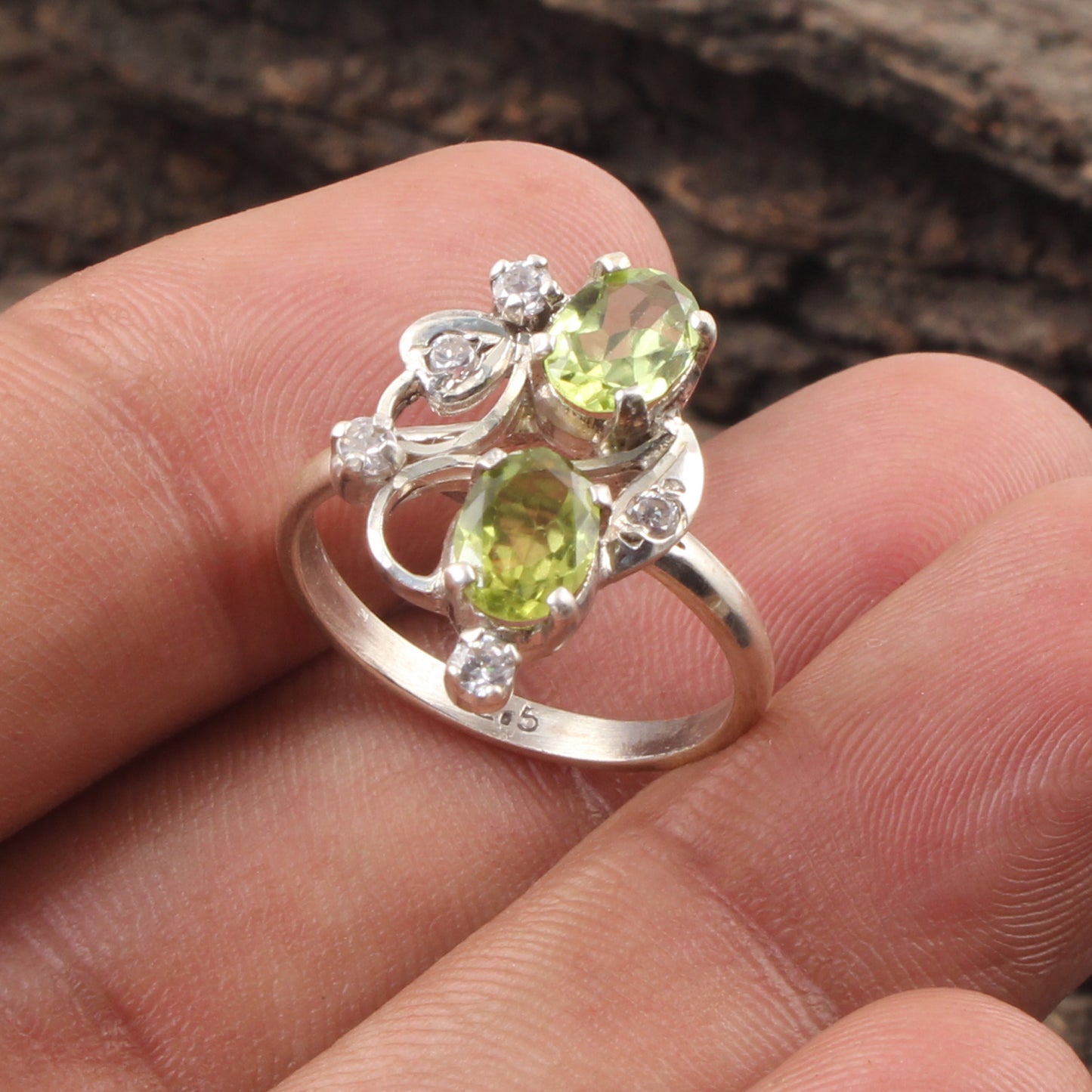 Designer Peridot Ring wih CZ Handmade 925 Sterling Silver Twisted Design Faceted Gemstone Floral Ring