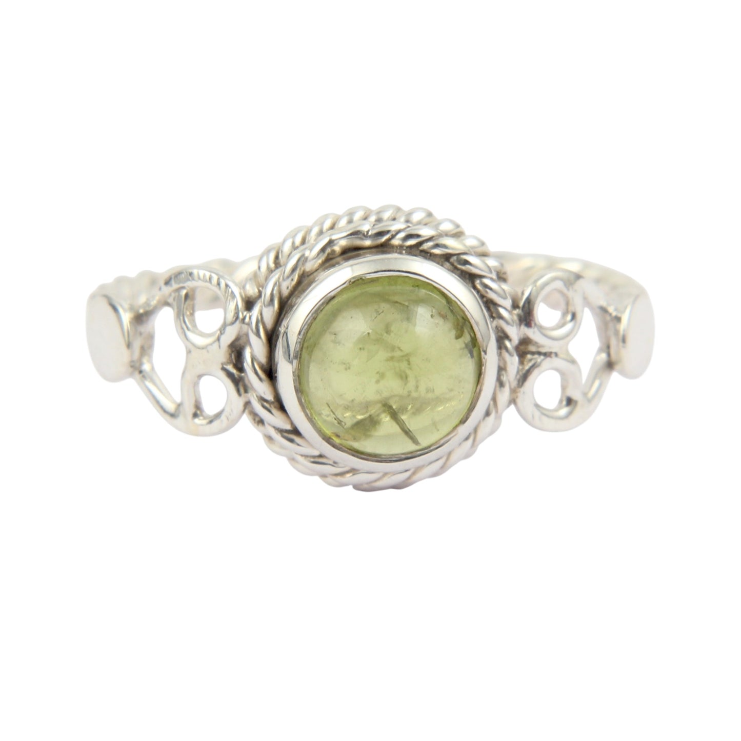 Round Peridot Cabochon 925 Sterling Silver Ring August Birthstone Twisted Wire Band Ring