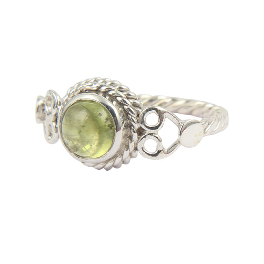 Round Peridot Cabochon 925 Sterling Silver Ring August Birthstone Twisted Wire Band Ring