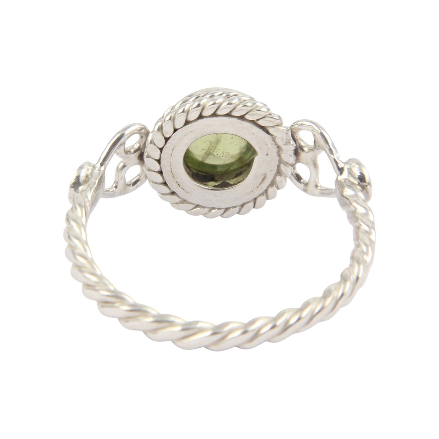 Round Peridot Cabochon 925 Sterling Silver Ring August Birthstone Twisted Wire Band Ring