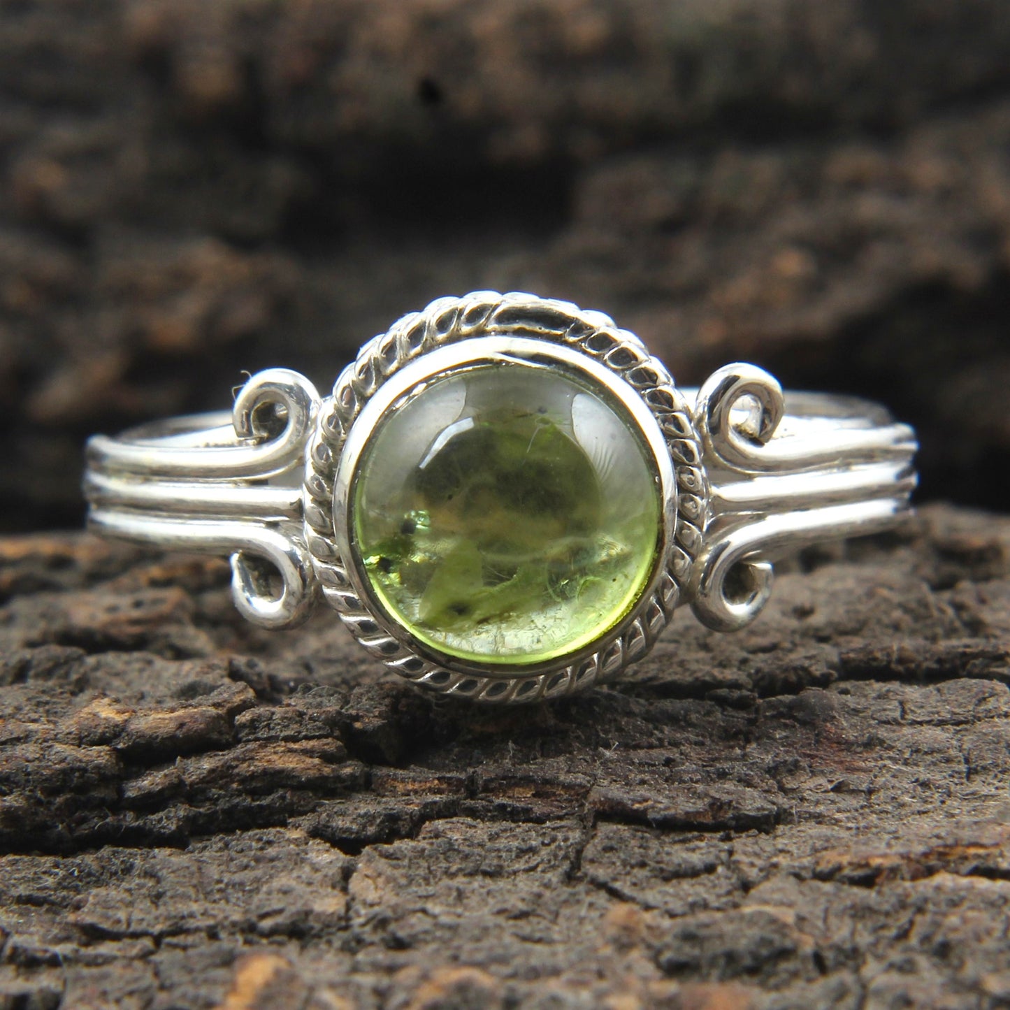 Natural Peridot Ring in 925 Sterling Silver Handmade Round Cab Ring