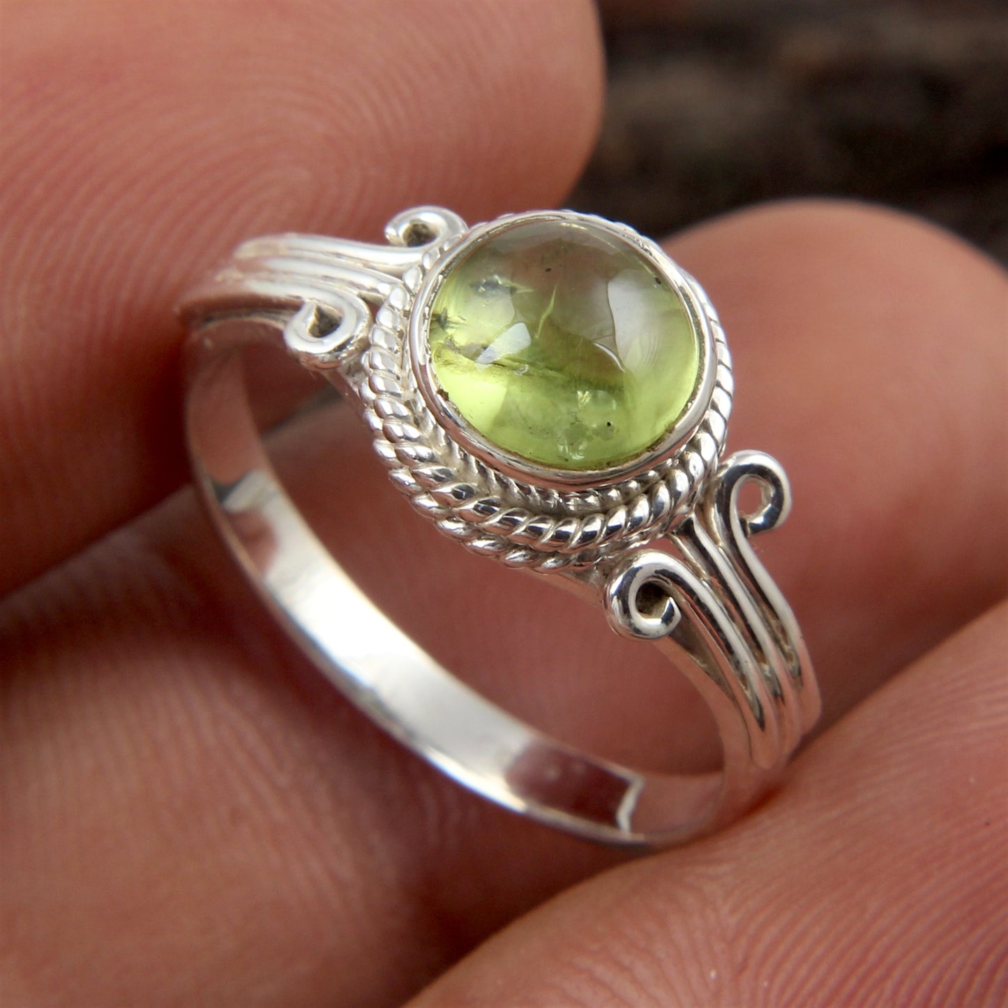 Natural Peridot Ring in 925 Sterling Silver Handmade Round Cab Ring