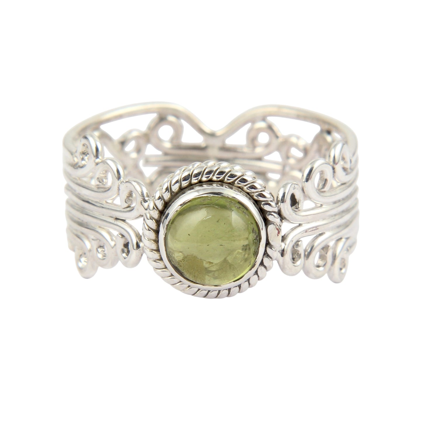 Unique Artisan Peridot Ring in 925 Sterling Silver Handmade Round Cab Ring