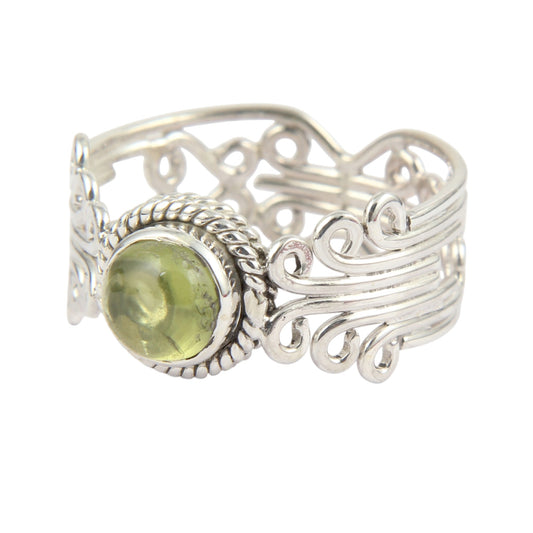 Unique Artisan Peridot Ring in 925 Sterling Silver Handmade Round Cab Ring