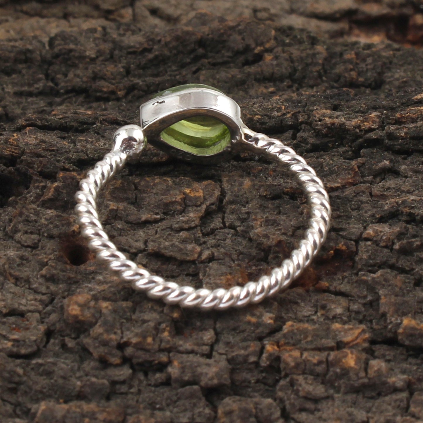 Pear Peridot Cabochon 925 Sterling Silver Ring August Birthstone Promise Ring Adjustable Twisted Wire Band Ring