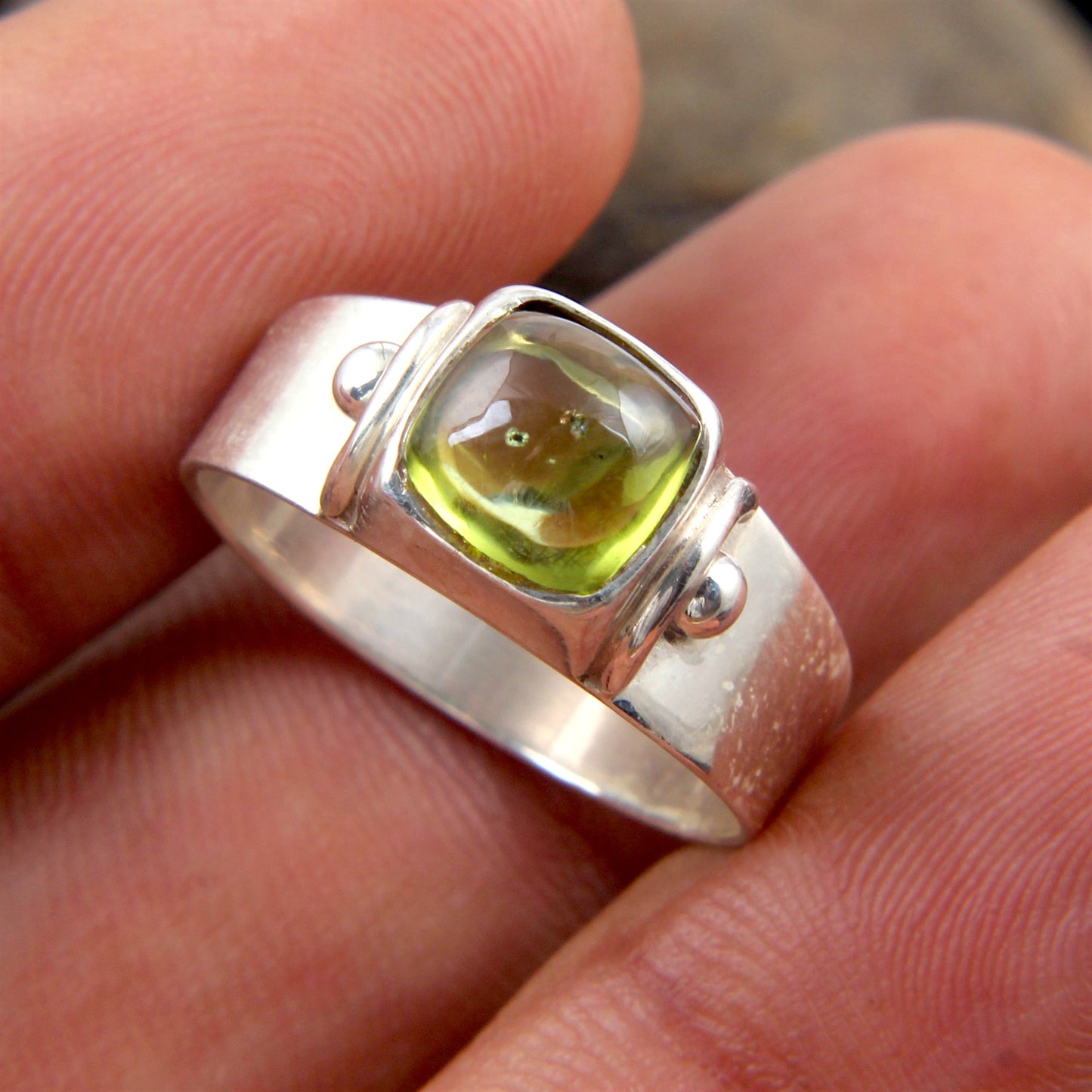 Natural Peridot Ring 925 Sterling Silver Handcrafted Cushion Shape Stone Ring