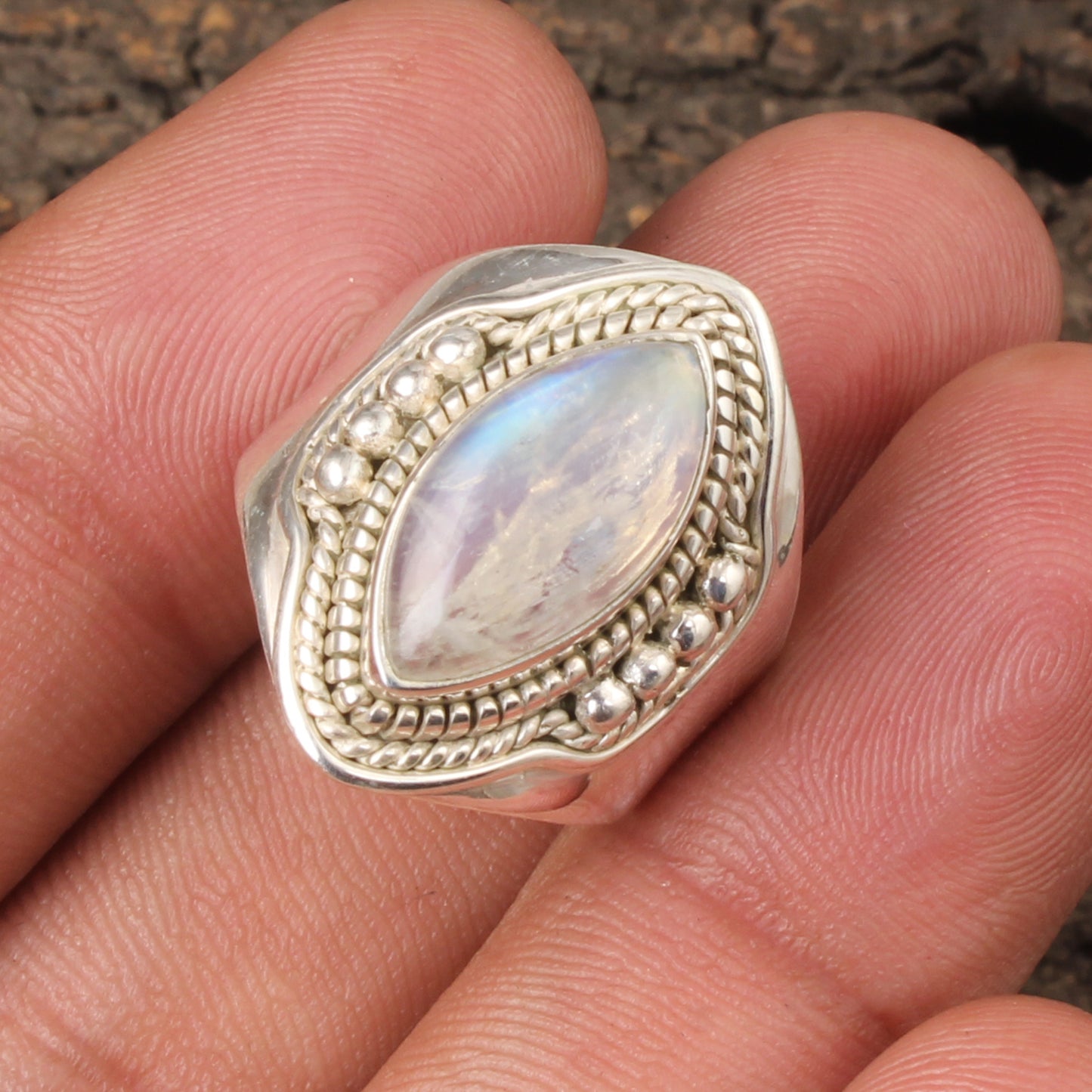 Bohemian Style Rainbow Moonstone Ring Designer 925 Sterling Silver Natural Gemstone Ring
