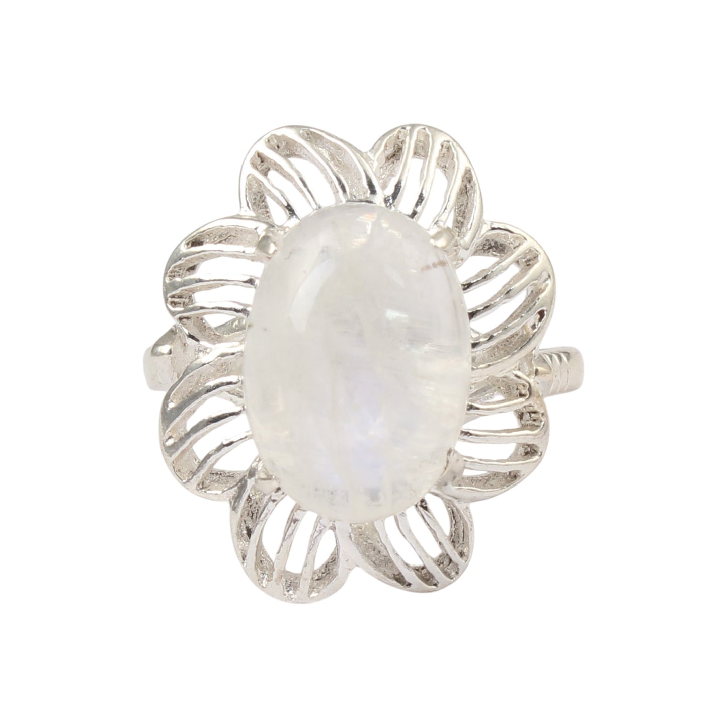Floral Rainbow Moonstone Ring Designer 925 Sterling Silver Natural Oval Gemstone Prong Setting Ring