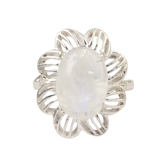 Floral Rainbow Moonstone Ring Designer 925 Sterling Silver Natural Oval Gemstone Prong Setting Ring