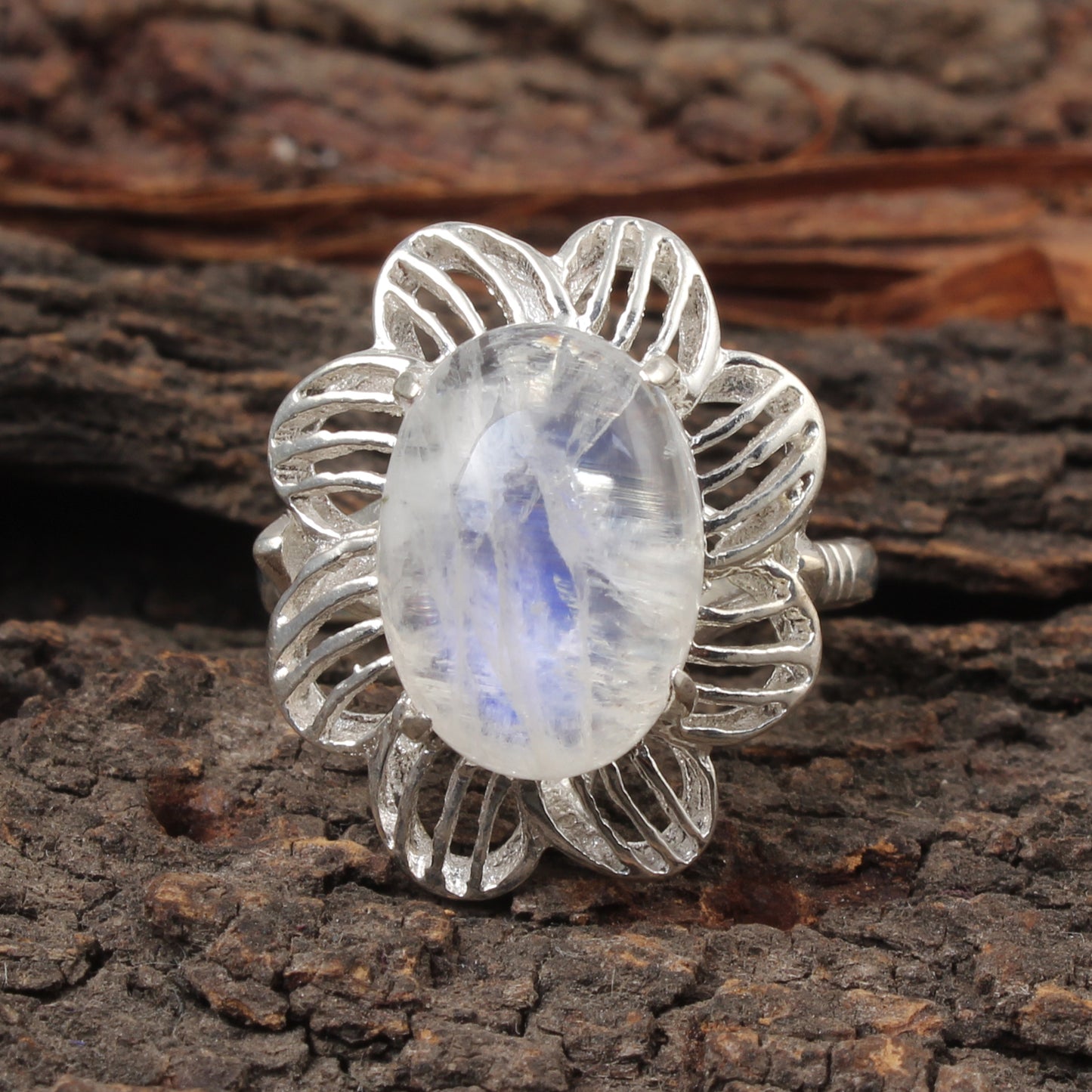 Floral Rainbow Moonstone Ring Designer 925 Sterling Silver Natural Oval Gemstone Prong Setting Ring