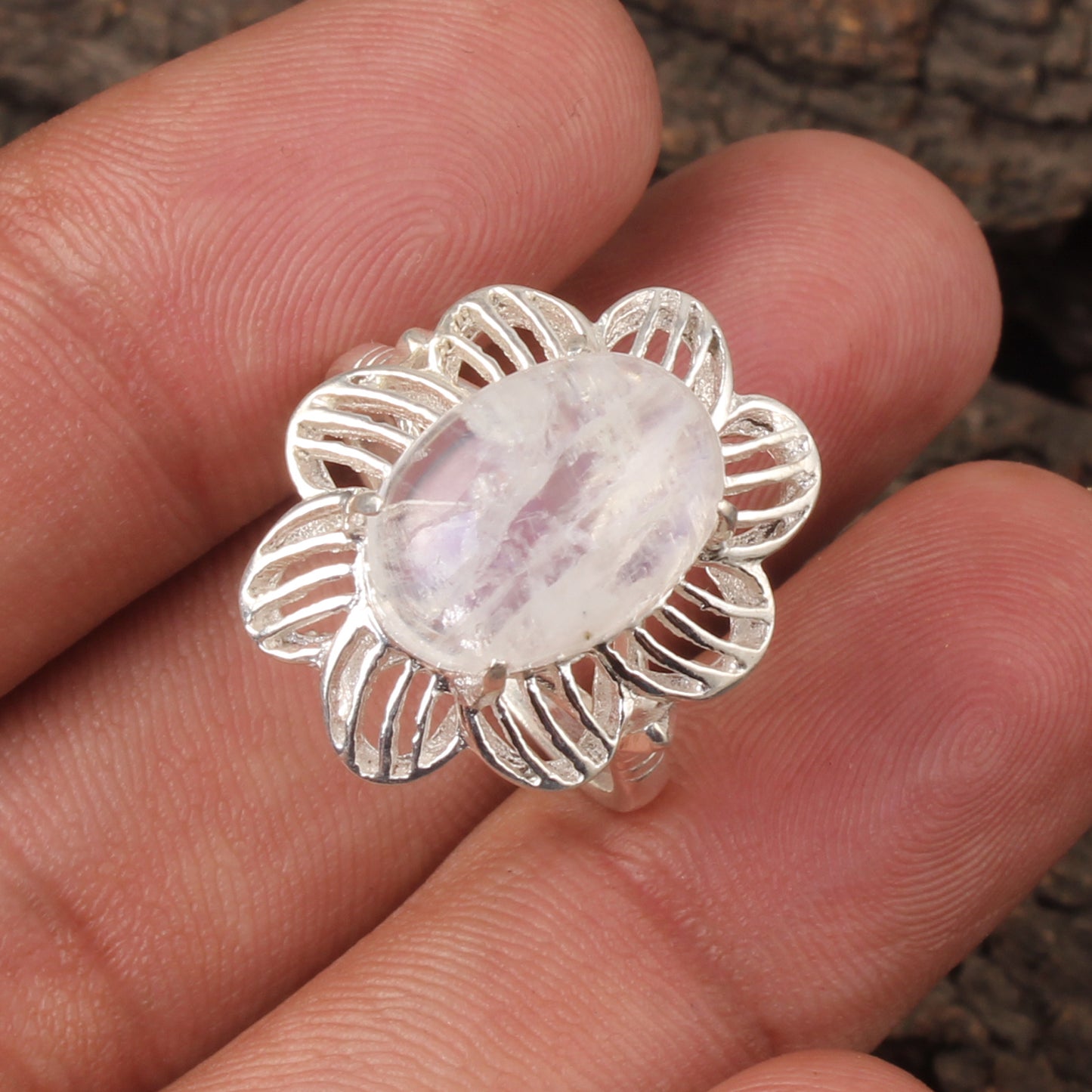 Floral Rainbow Moonstone Ring Designer 925 Sterling Silver Natural Oval Gemstone Prong Setting Ring