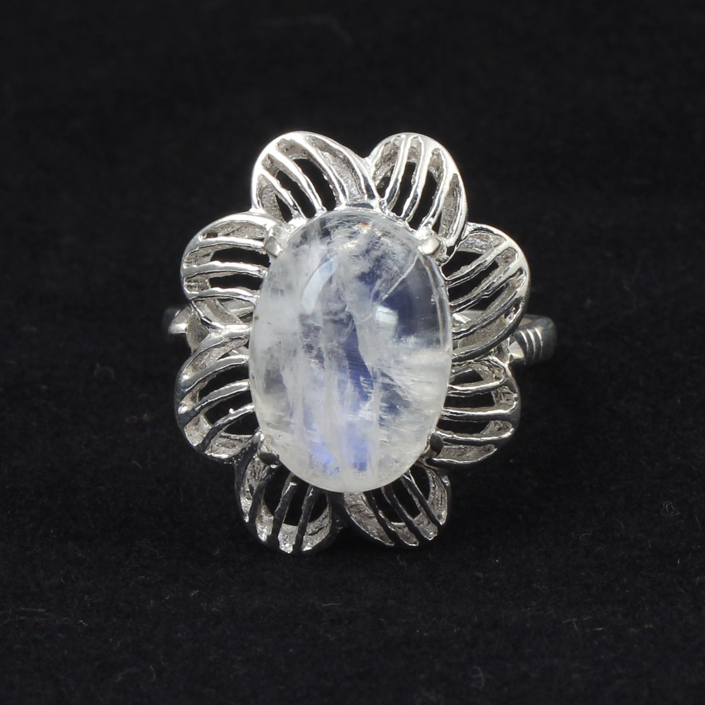 Floral Rainbow Moonstone Ring Designer 925 Sterling Silver Natural Oval Gemstone Prong Setting Ring