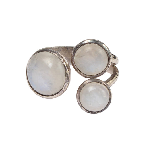 Trio Rainbow Moonstone Ring Handcrafted Adjustable 925 Sterling Silver Natural Gemstone Ring