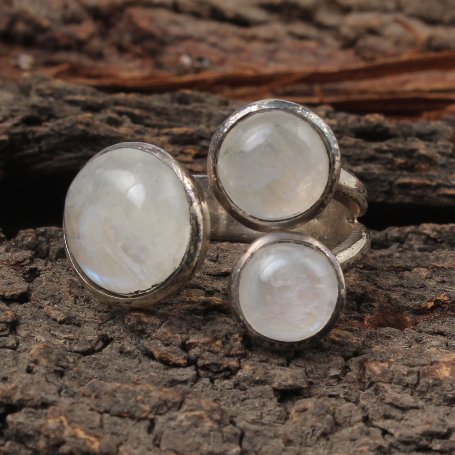 Trio Rainbow Moonstone Ring Handcrafted Adjustable 925 Sterling Silver Natural Gemstone Ring