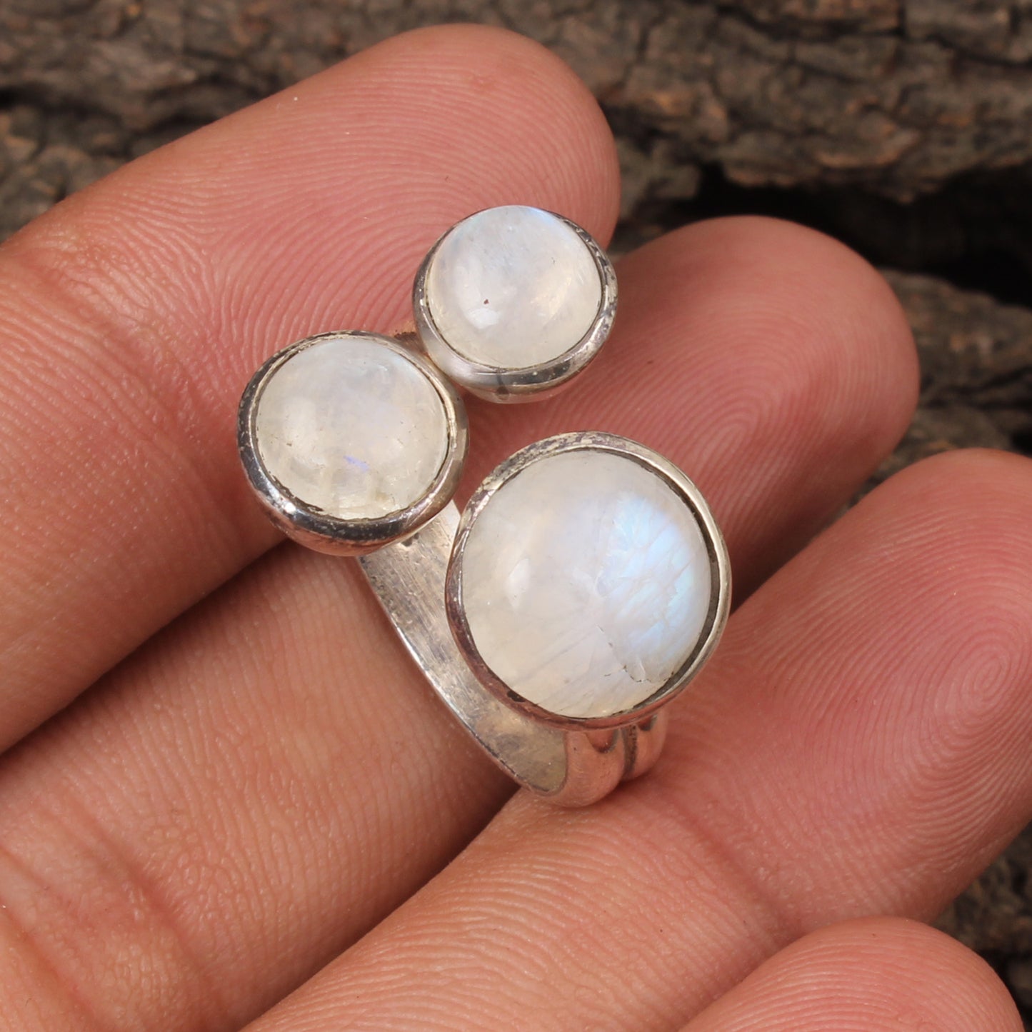 Trio Rainbow Moonstone Ring Handcrafted Adjustable 925 Sterling Silver Natural Gemstone Ring