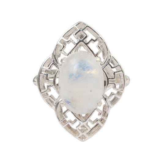 Art Deco Style Rainbow Moonstone Ring Handmade Prong Setting Natural Gemstone 925 Sterling Silver Ring