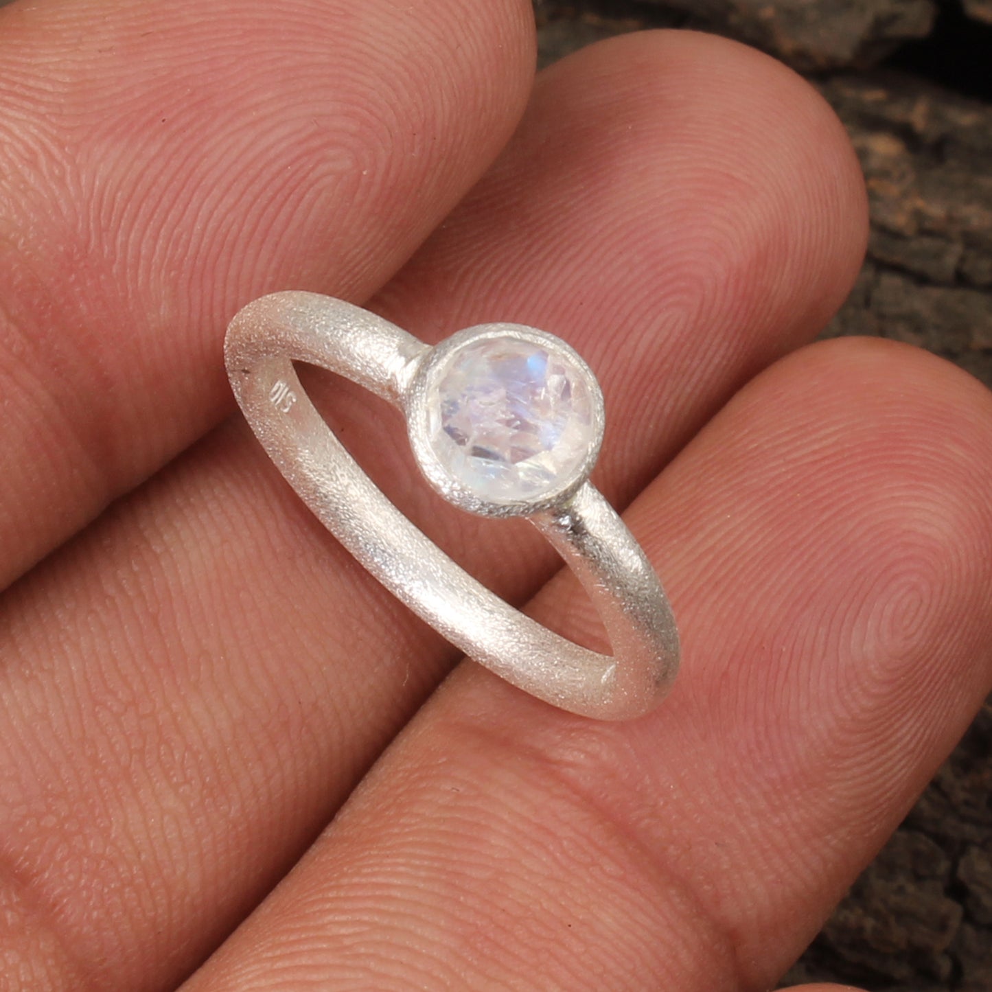 Minimalist Faceted Rainbow Moonstone Ring Matte Finish 925 Sterling Silver Natural Gemstone Ring