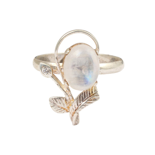 Leaf Designer Rainbow Moonstone Ring 925 Sterling Silver Natural Oval Gemstone Prong Setting Ring