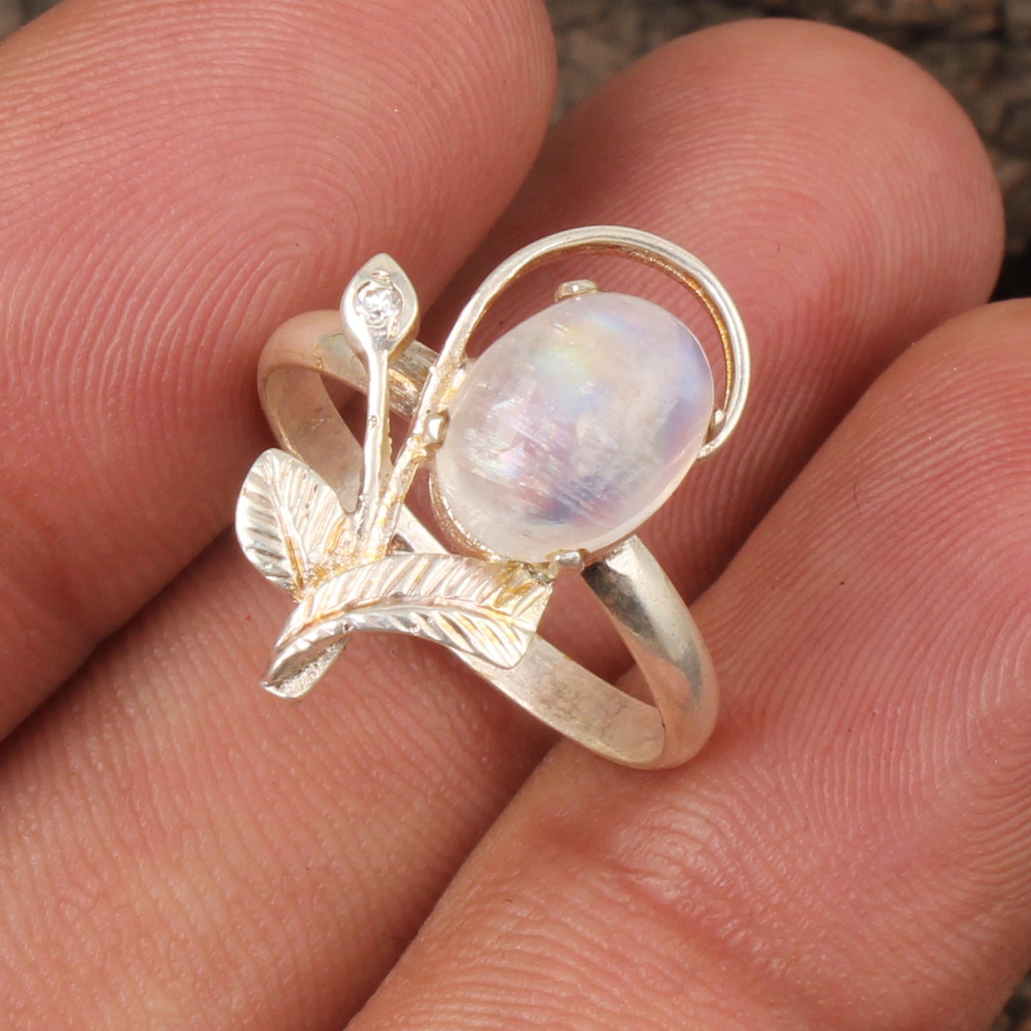 Leaf Designer Rainbow Moonstone Ring 925 Sterling Silver Natural Oval Gemstone Prong Setting Ring