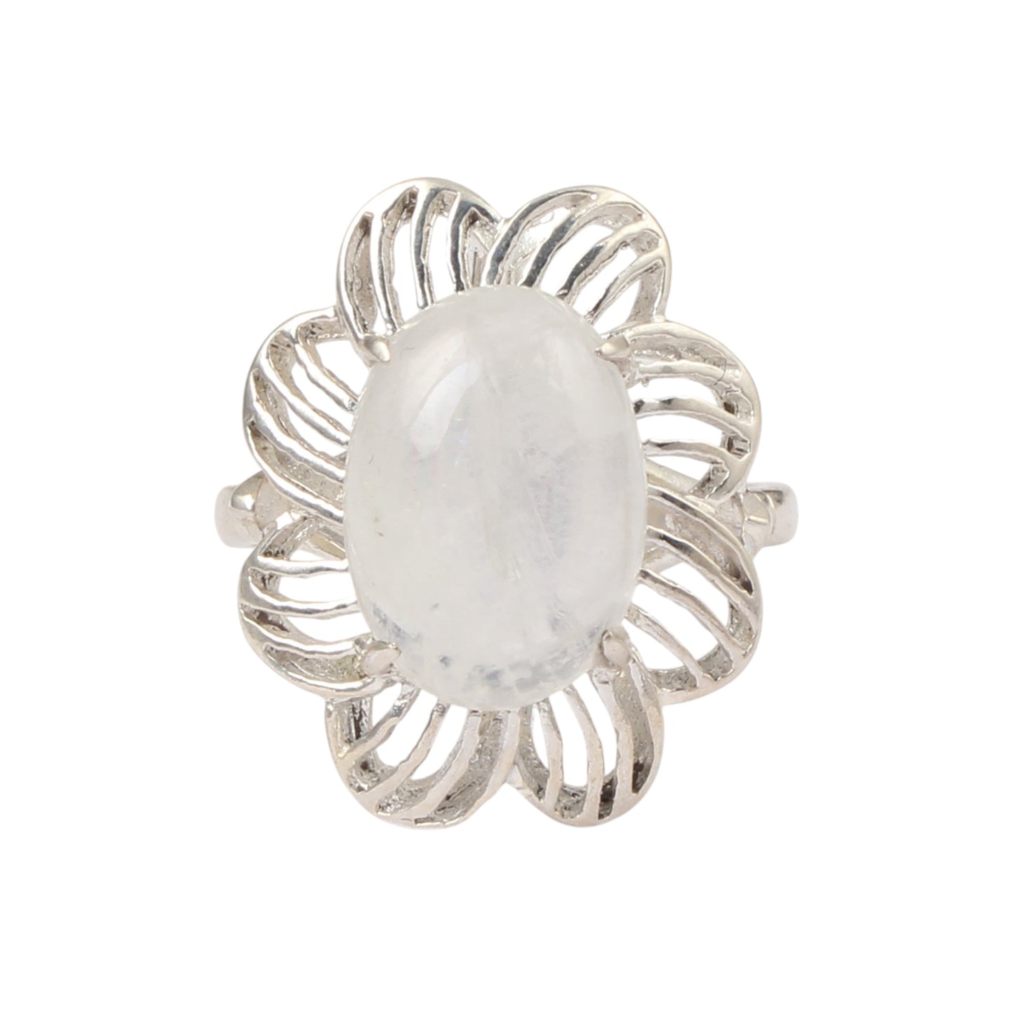 Floral Designer Rainbow Moonstone Ring 925 Sterling Silver Natural Oval Gemstone Prong Setting Ring